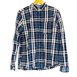 CPO Provisions Button Down Shirt Mens Med Blue Black Plaid Long Sleeve Classic